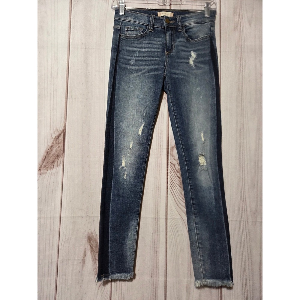 Altar'd State Two Tone Distressed Skinny Jeans Blue Striped Raw Hem Size 0